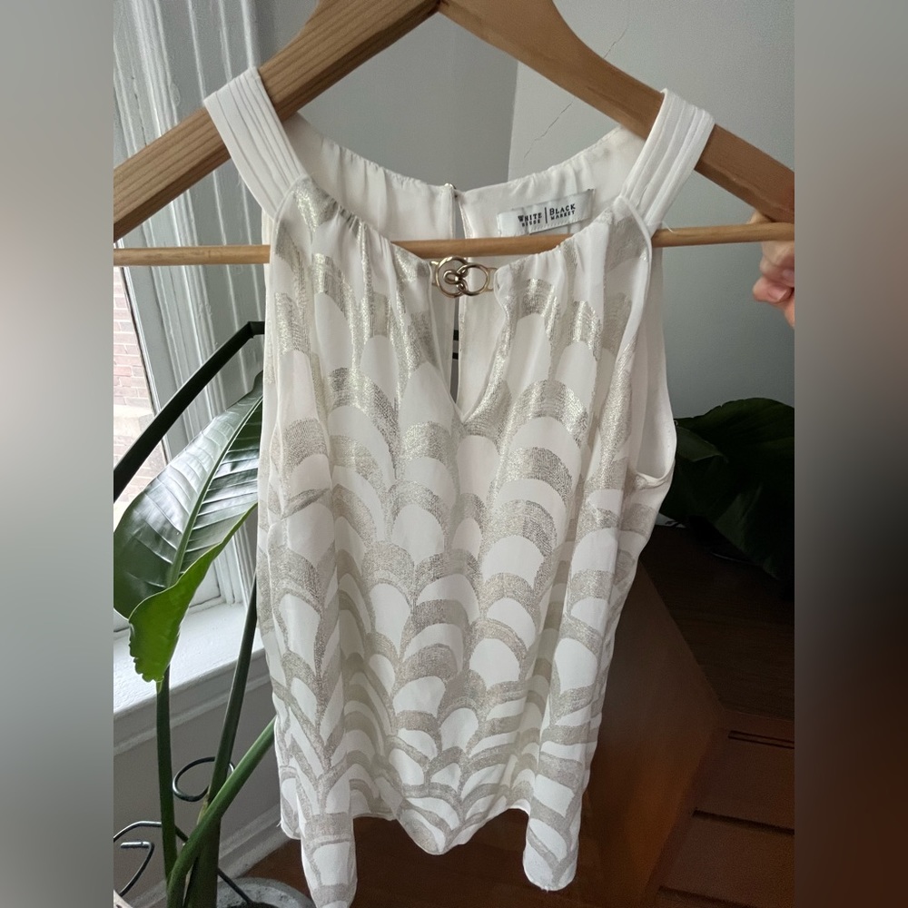 White House Black Market gold scalped white tank top